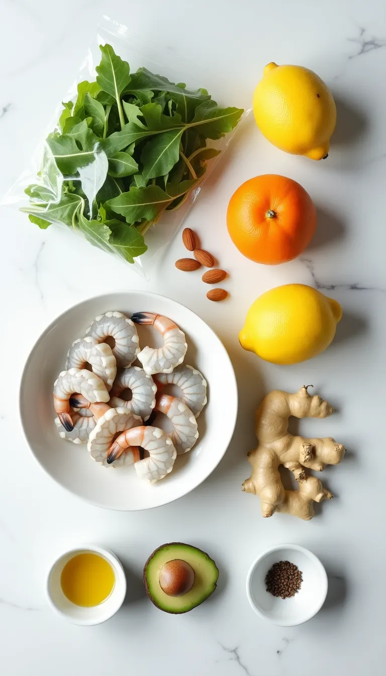 Camarones al jengibre y cítricos emplatados, con colores vibrantes perfectos para una cena gourmet.