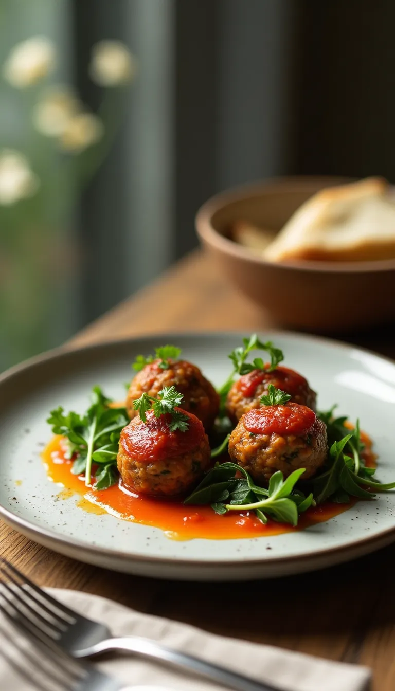 Albóndigas de lentejas presentadas en un plato con salsa de tomate