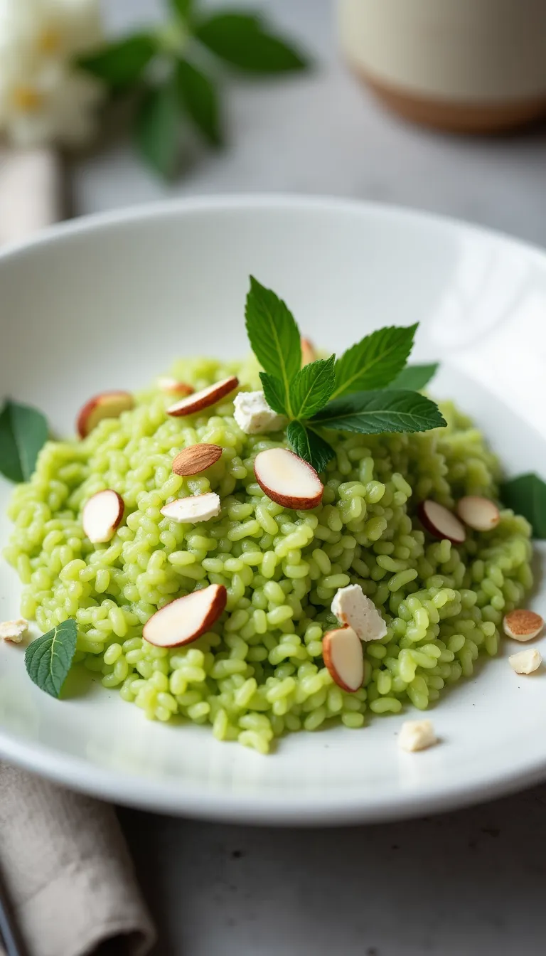 Plato final de arroz verde con hierbas frescas