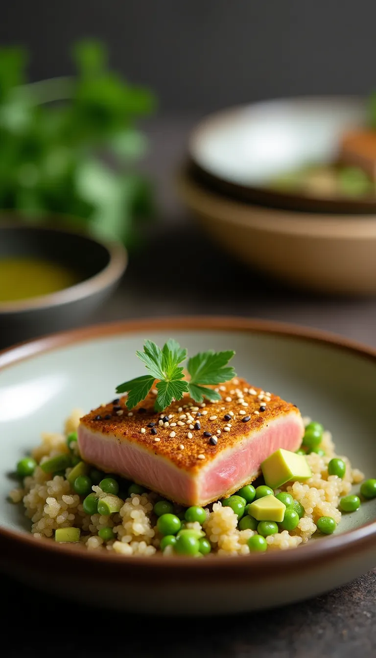 Atún con costra en plato elegante