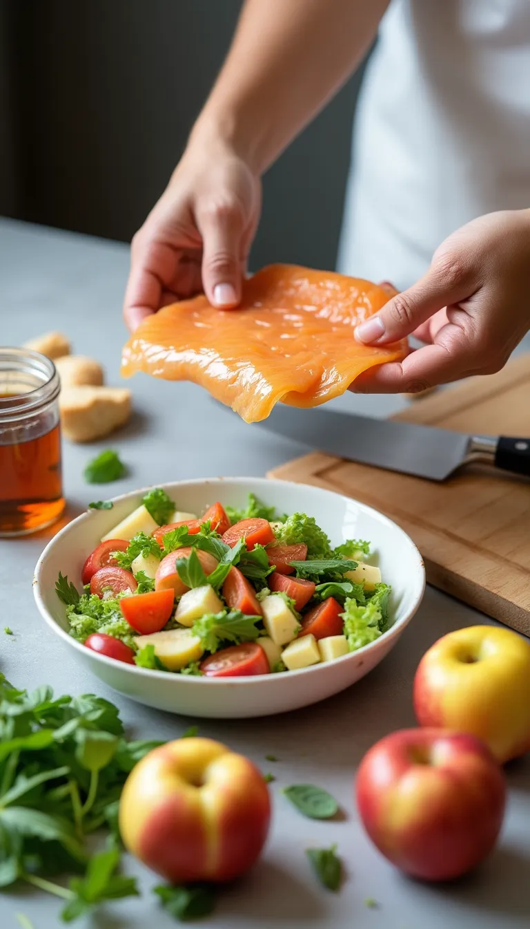 Preparación del atún con rúcula y manzana