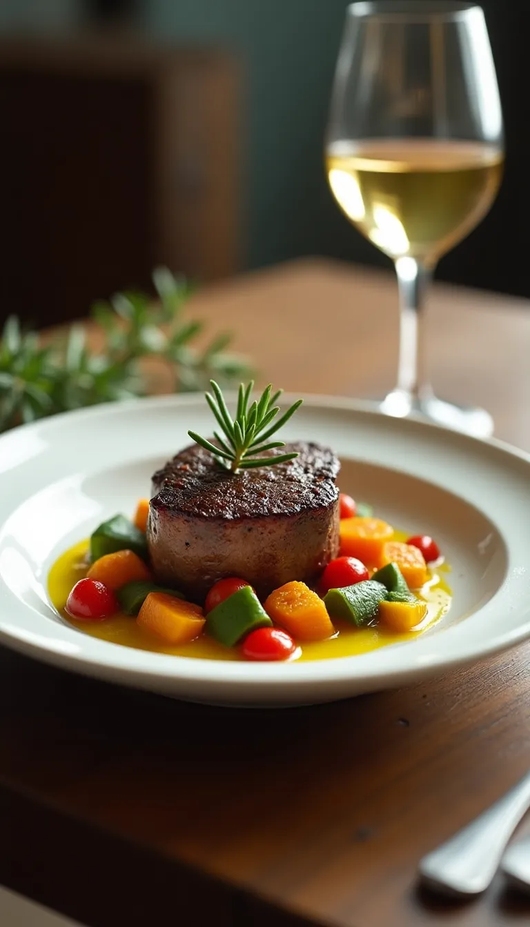 Bistec Mindbient elegantemente presentado con vegetales y romero fresco