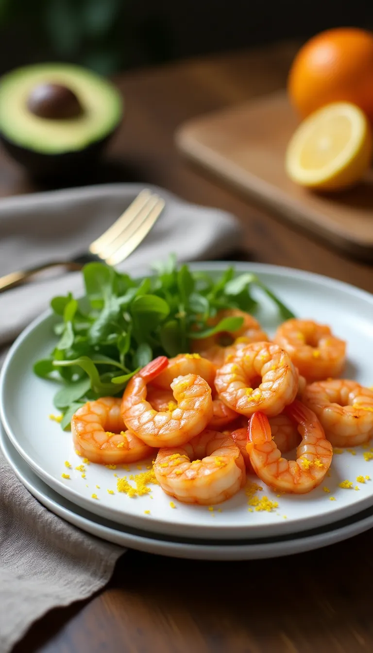 Resultado final de los camarones al jengibre y cítricos, acompañados de ensalada, decorados elegantemente.