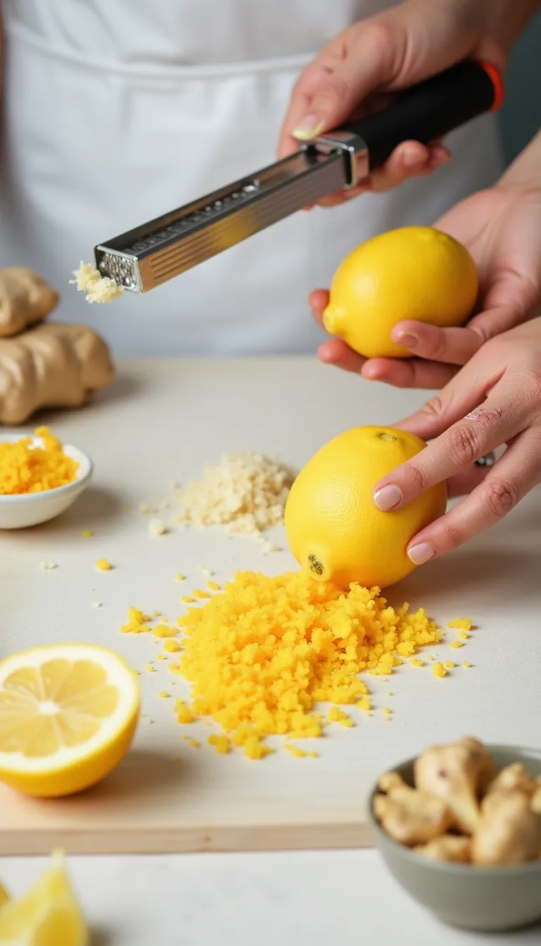 Tabla con ingredientes frescos para la preparación de camarones al jengibre y cítricos.