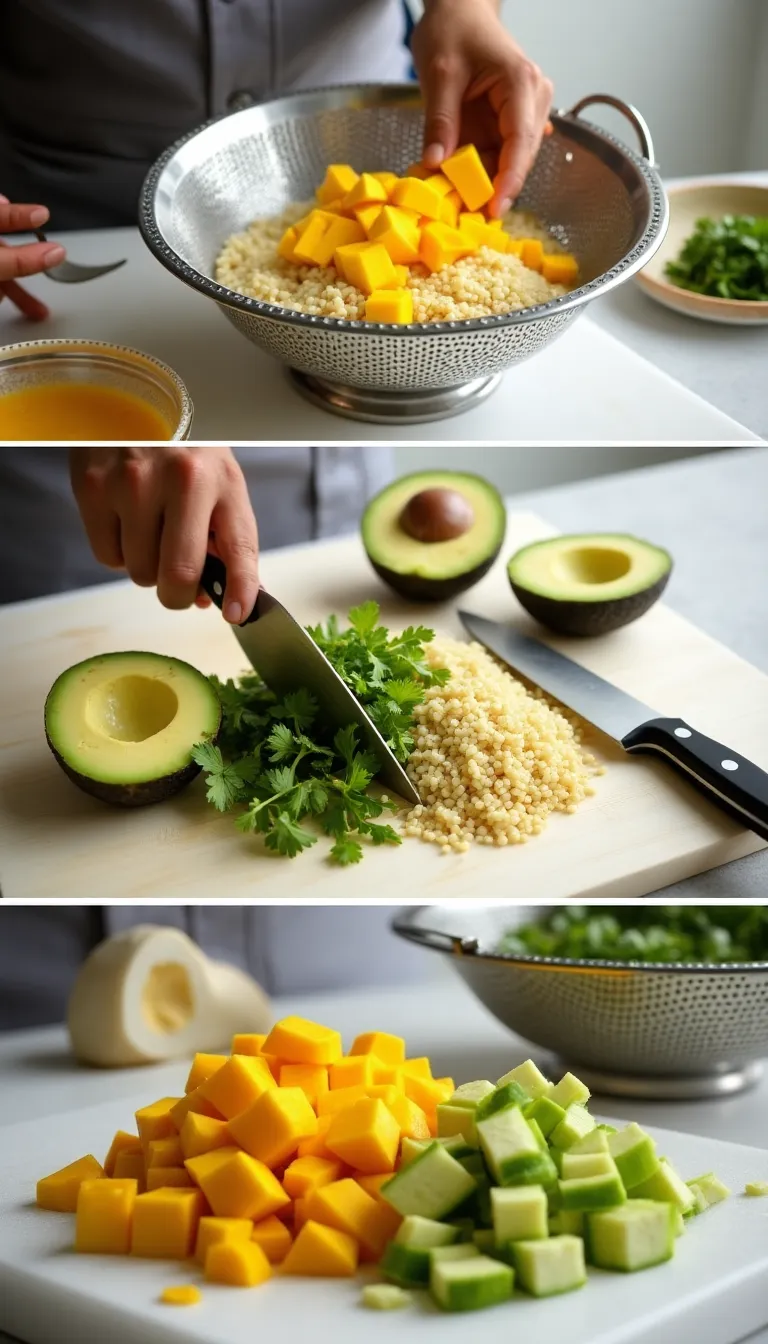 Preparación de ingredientes de quinoa, mango y aguacate