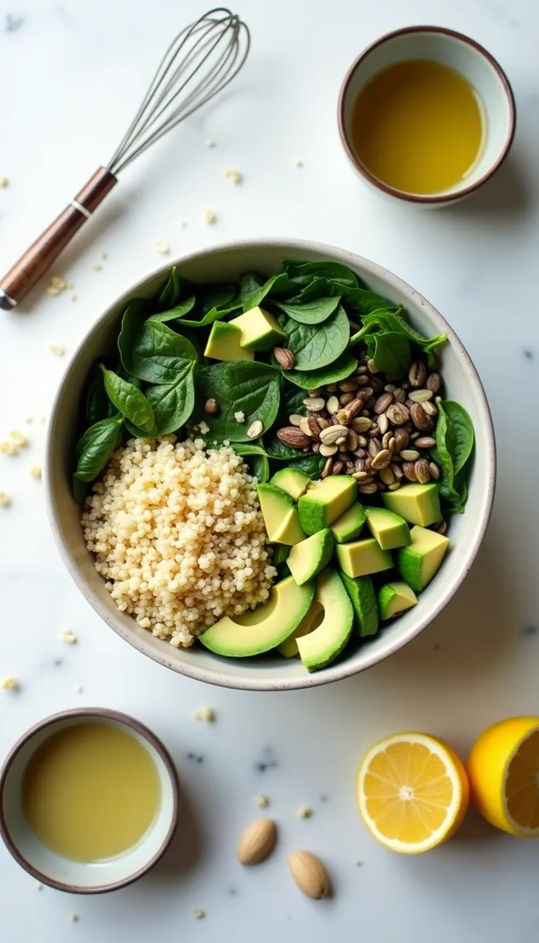 Preparación de la ensalada de quinoa, aguacate y espinacas