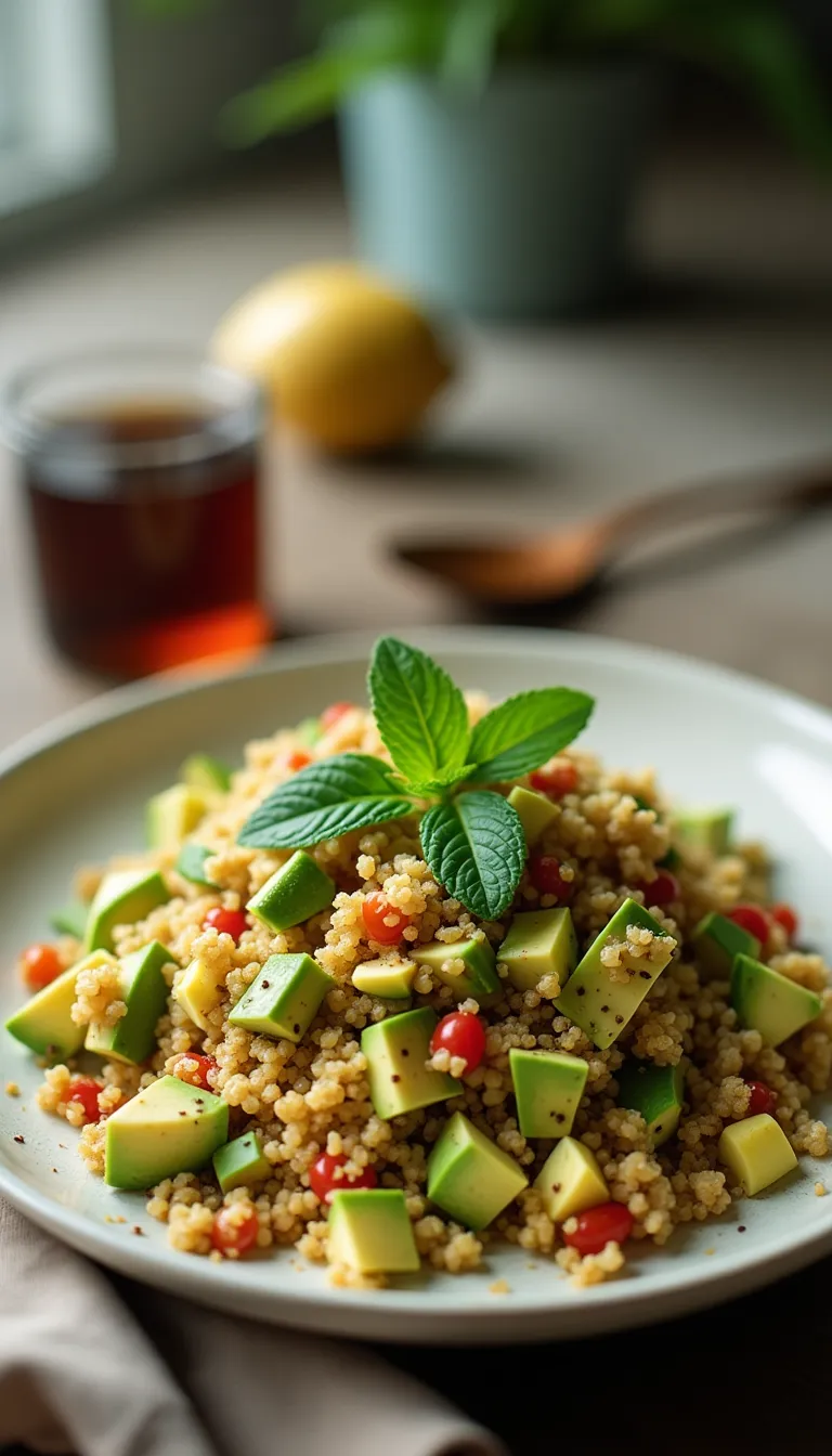 Presentación final de la ensalada de quinoa con aguacate y menta.