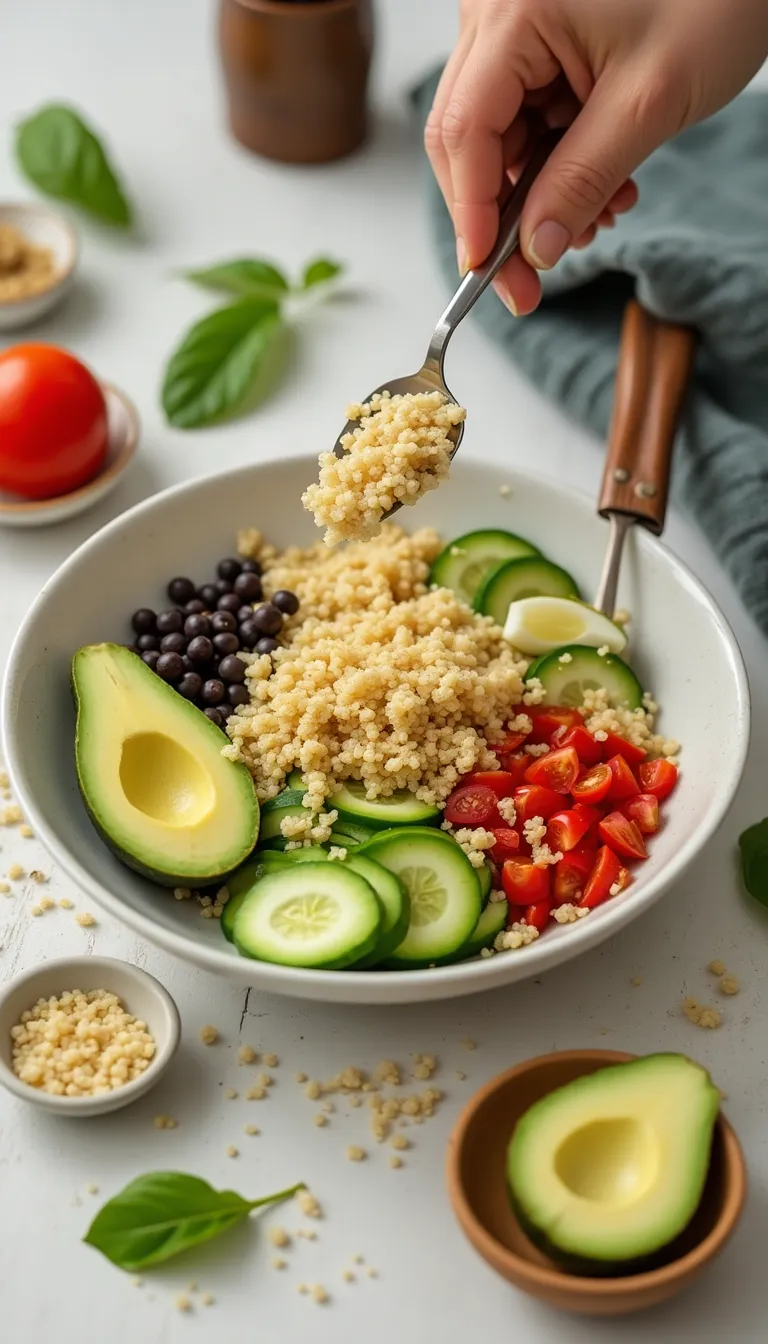 Ingredientes frescos para preparar ensalada de quinoa y aguacate