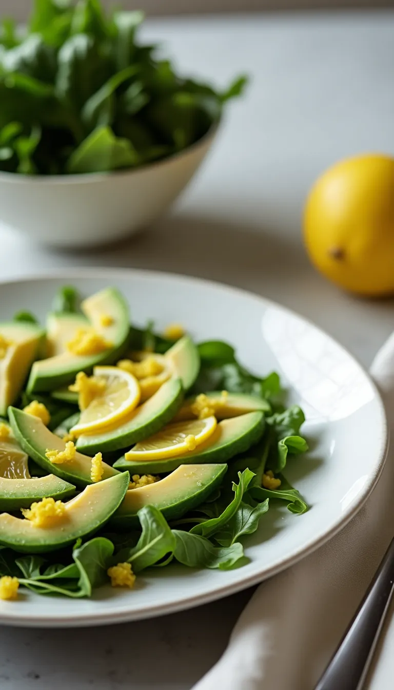 Presentación ensalada de aguacate y rúcula