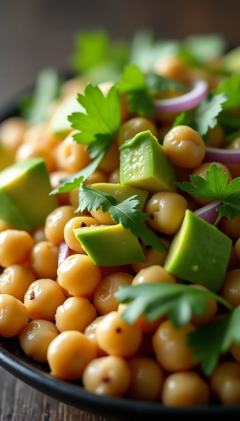 Plato detallado de ensalada de garbanzos y aguacate