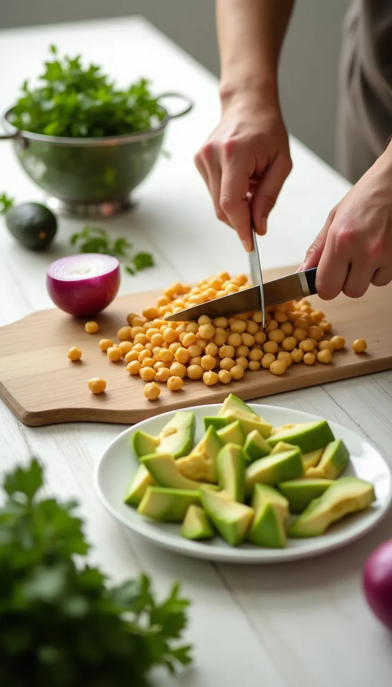 Ingredientes preparados para la ensalada de garbanzos y aguacate