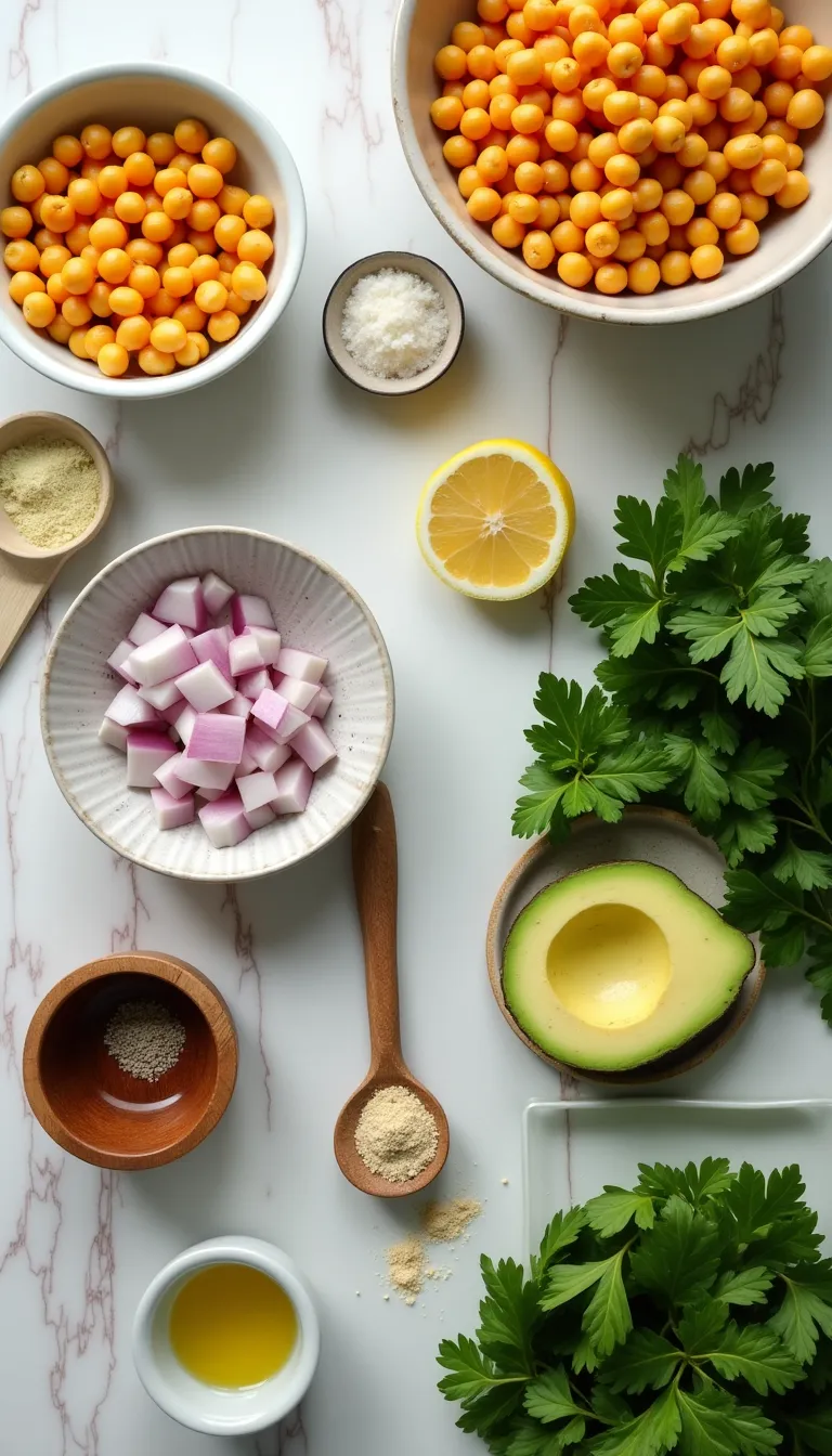 Preparación de la ensalada de garbanzos y aguacate en progreso