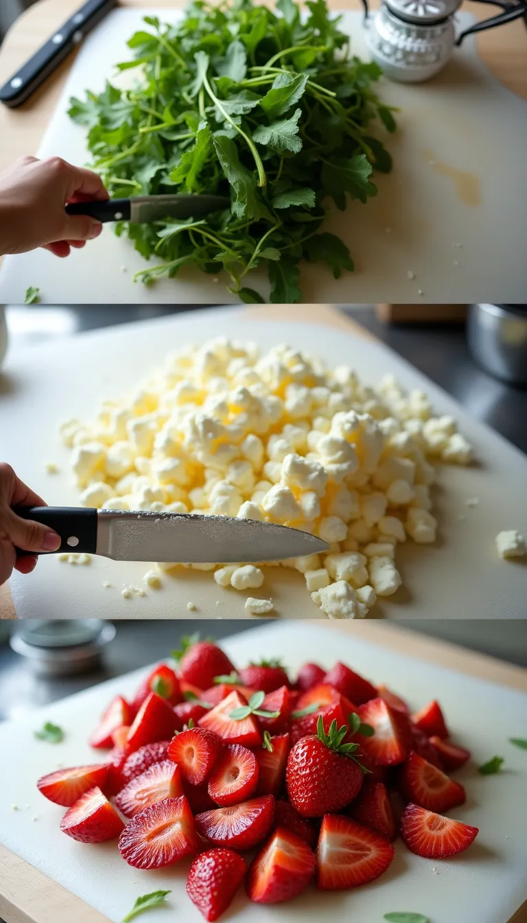 Preparación de ensalada de fresas y queso de cabra