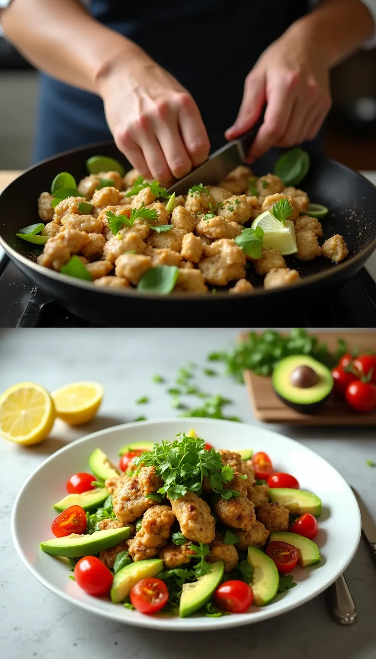 Ensalada de pollo con aguacate y limón fresco