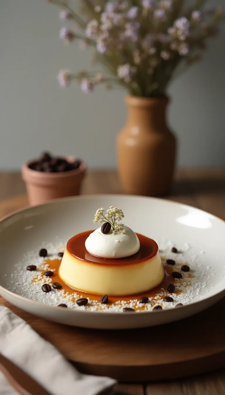 Decoración flan de huevo con caramelo de café
