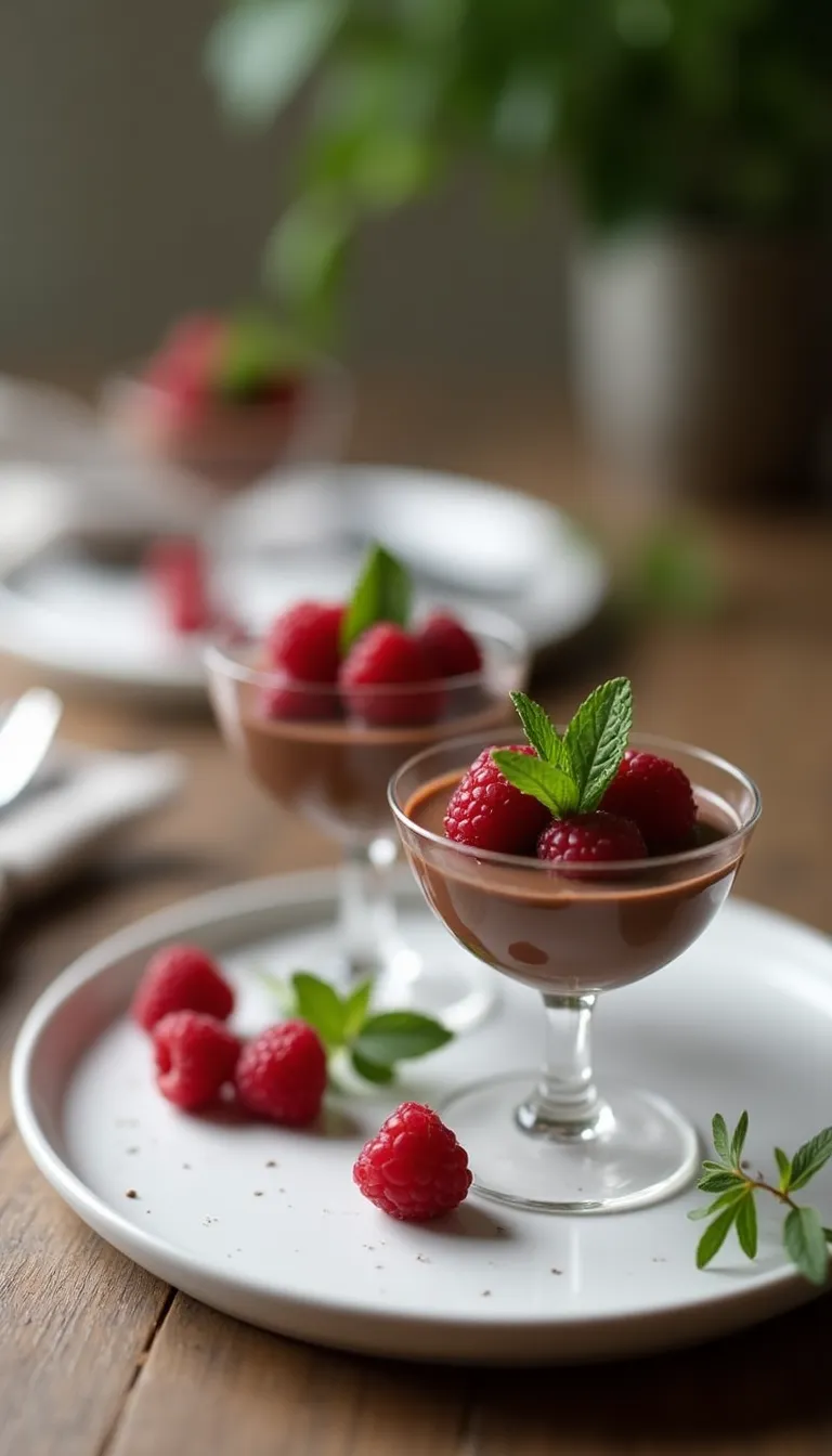 Presentación del mousse de chocolate y frambuesa