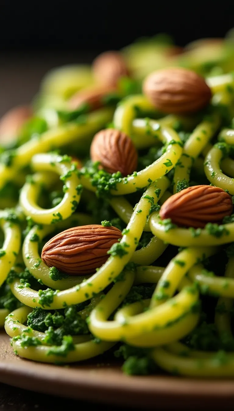 Pasta con pesto servida en un plato detallado