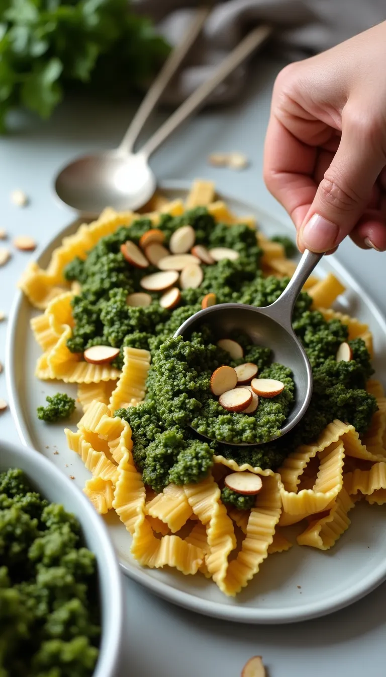 Preparando la pasta con pesto de kale y almendras