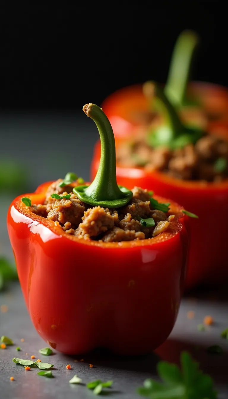 Presentación gourmet de los pimientos rellenos con carne