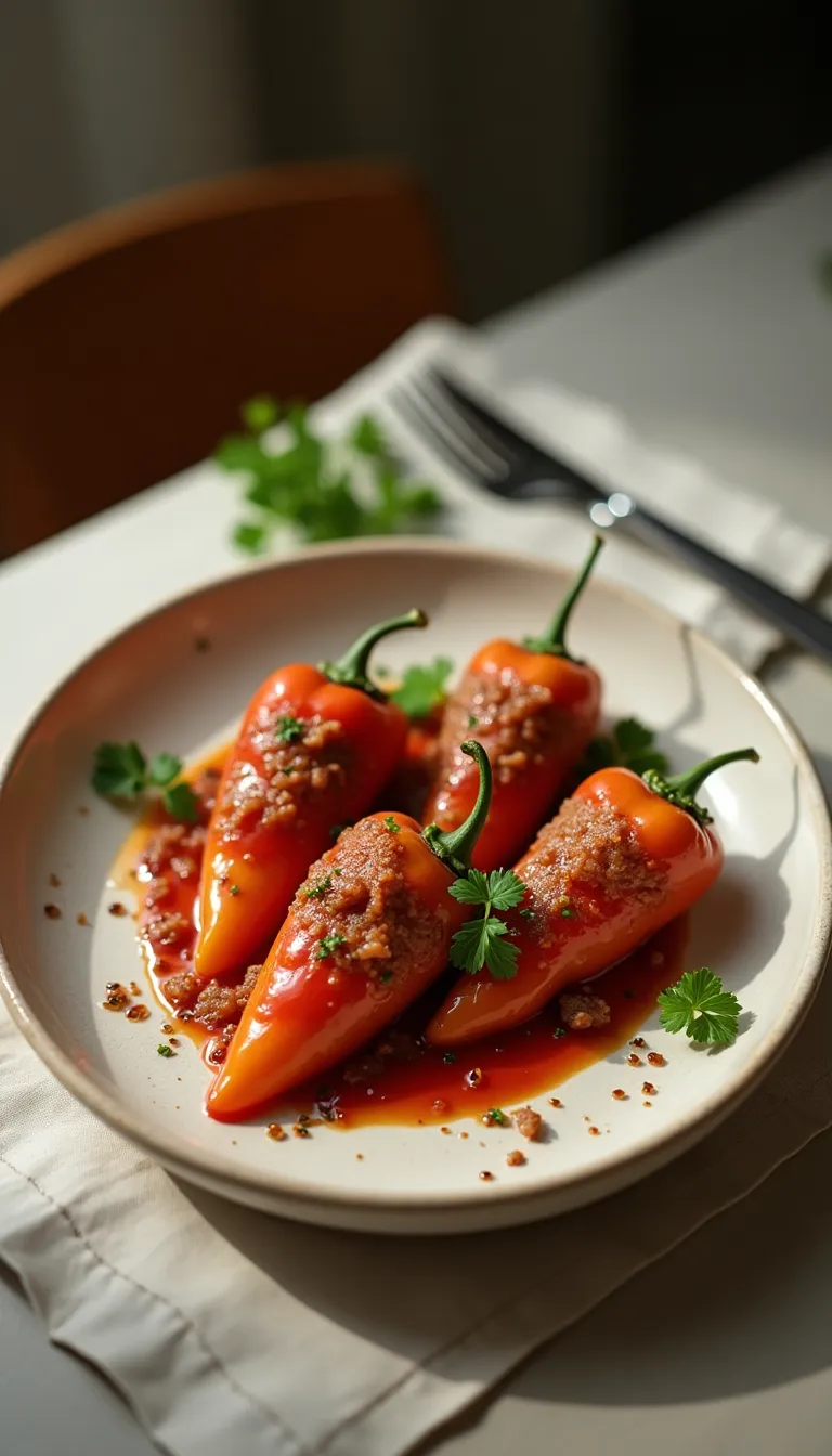 Plato final de pimientos rellenos de carne con decoración