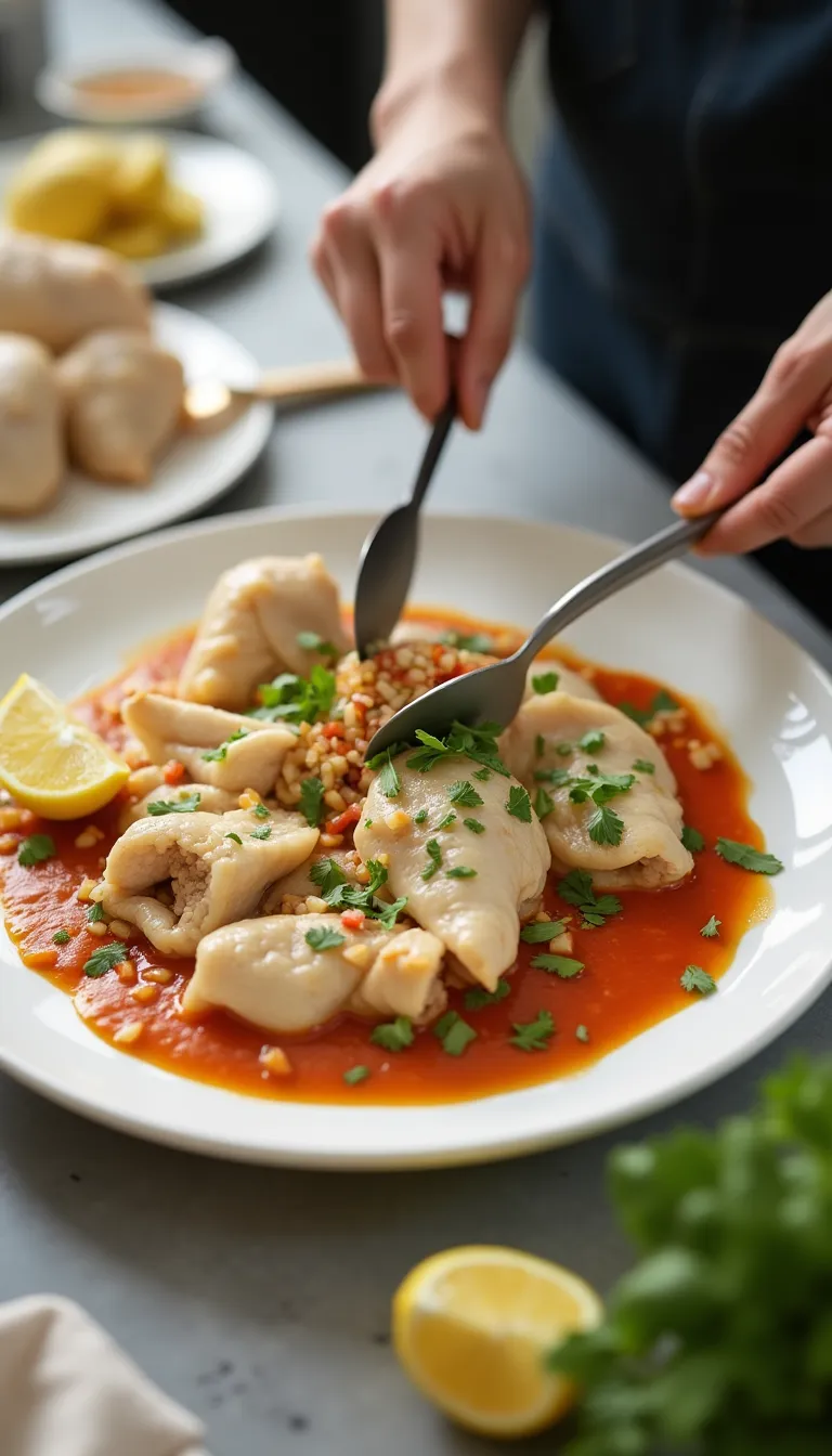 Preparando las verduras y marinado del pollo.