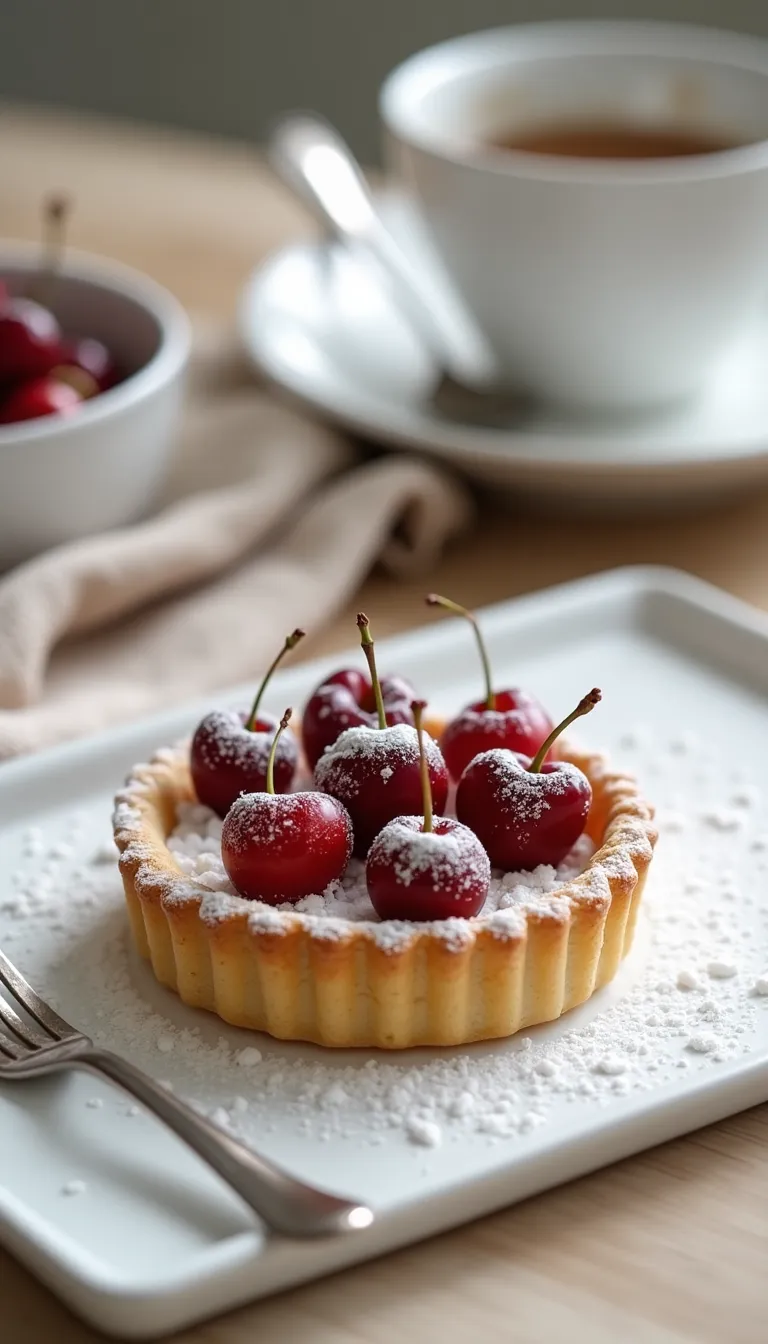 Presentación final de la tarta de cerezas y almendras