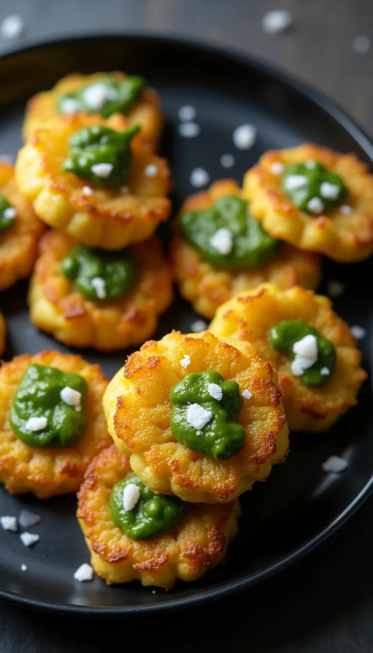 Presentación de los tostones de plátano macho con mojo verde