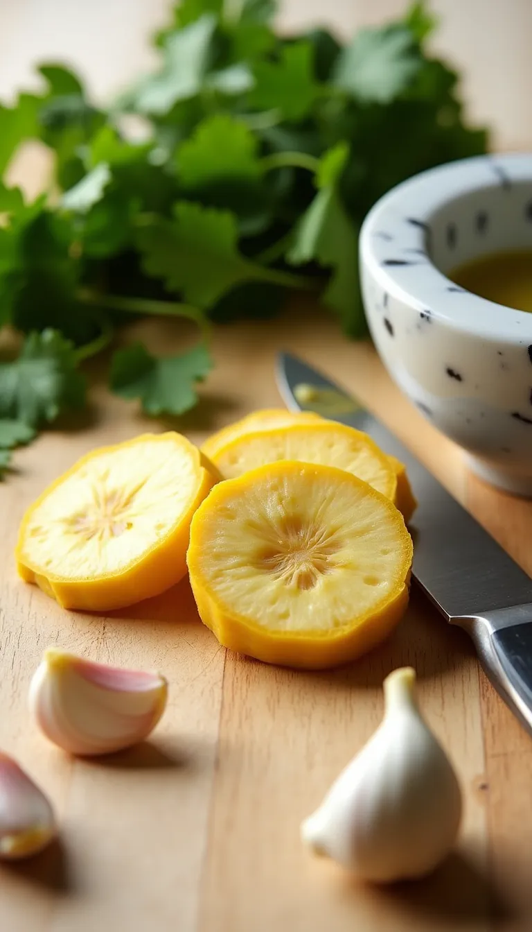 Ingredientes para tostones de plátano macho con mojo verde