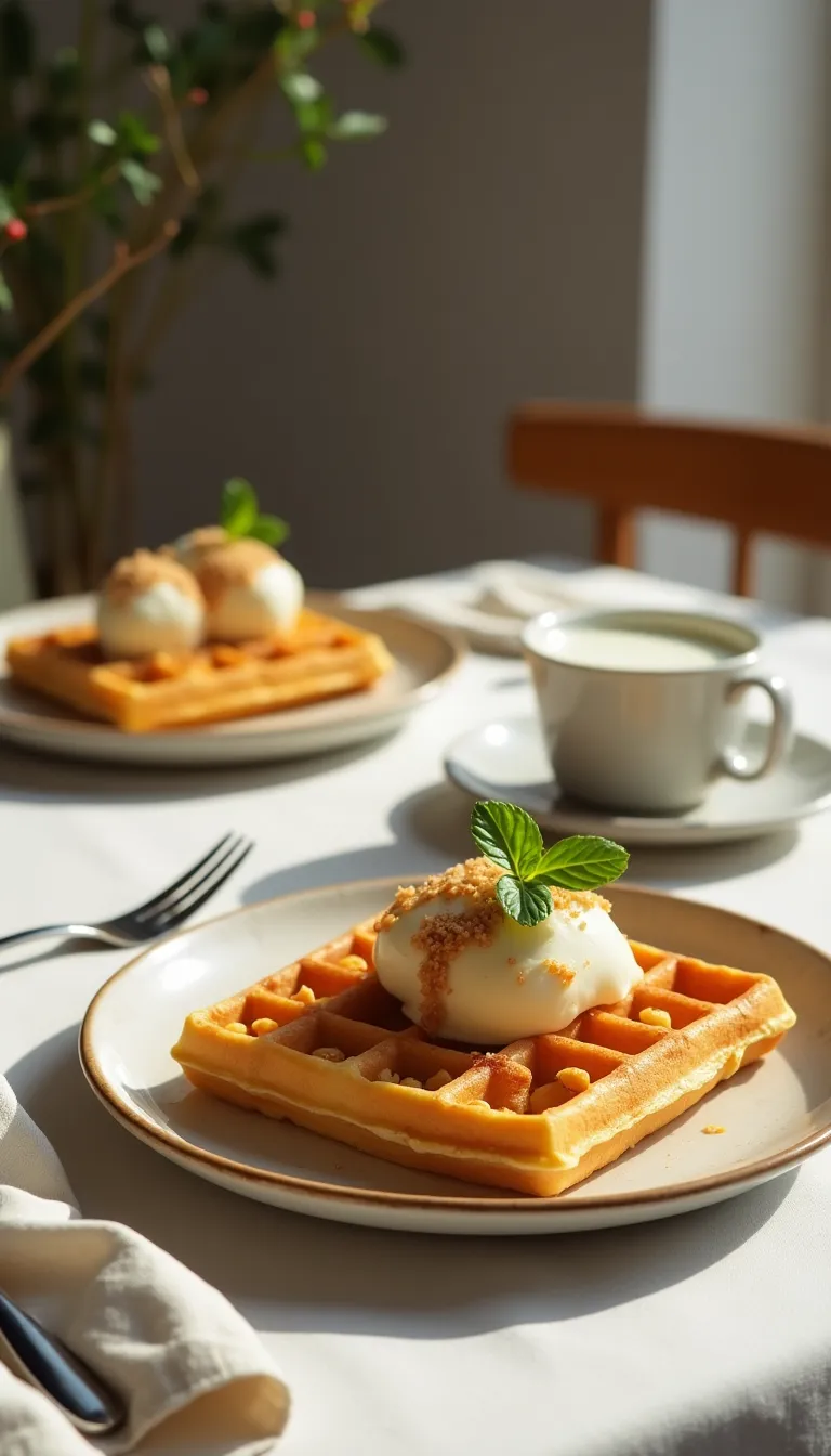 Presentación creativa de waffles con frutas.