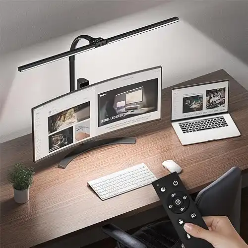 Lámpara de Escritorio LED 24W 80cm Lámpara de Pinza de Sobremesa de Doble Cabezal - con Mando a Aistancia/Cuello de Cisne Giratorio 360 / Protección Ocular/ 10 Modo Color 10 Nivele de Brillo