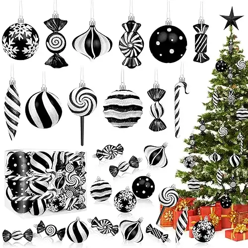 "Set de 48 Adornos Navideños Bastones y Bolas - Blanco y Negro