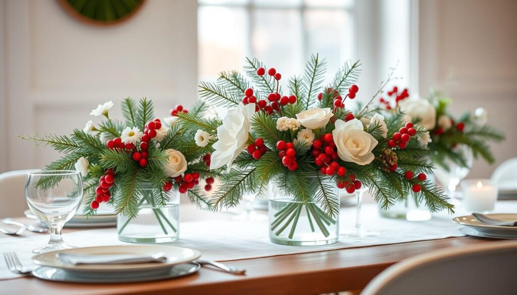 Centros de mesa con flores y vegetación festiva