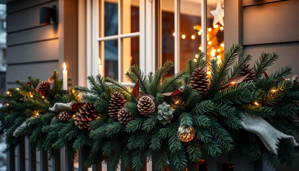 Decoración navideña con ramas de pino y piñas
