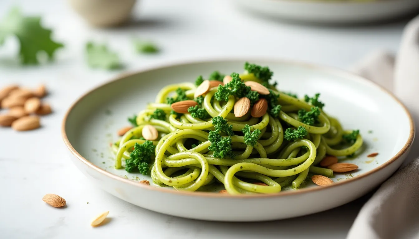 Lee más sobre el artículo Pasta Fusilli con Pesto de Kale y Almendras Tostadas